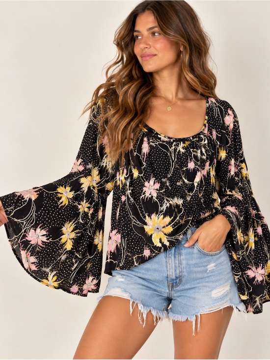 Free People Tops - Free People Last Time Draped Bell Sleeve Top Small Black Floral Boho